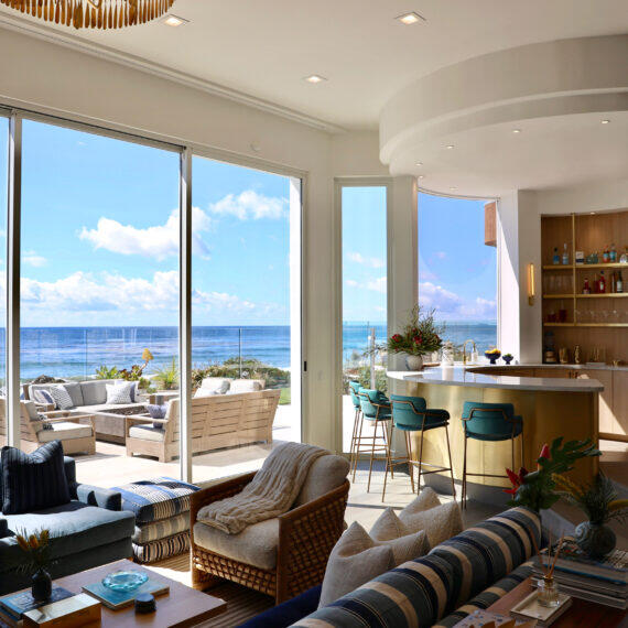 Modern Coastal Living Room and Bar with view of Ocean.