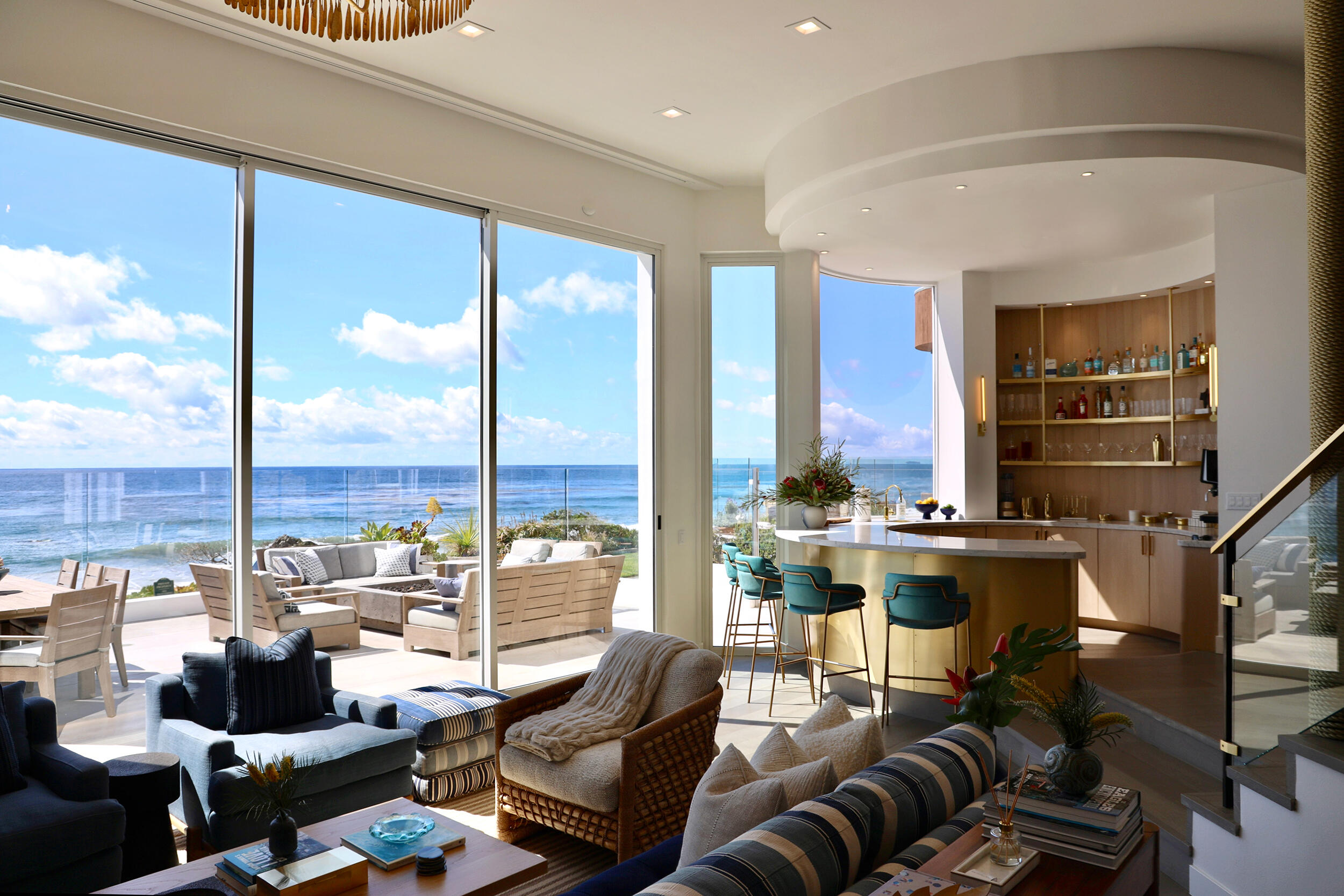 Modern Coastal Living Room and Bar with view of Ocean.