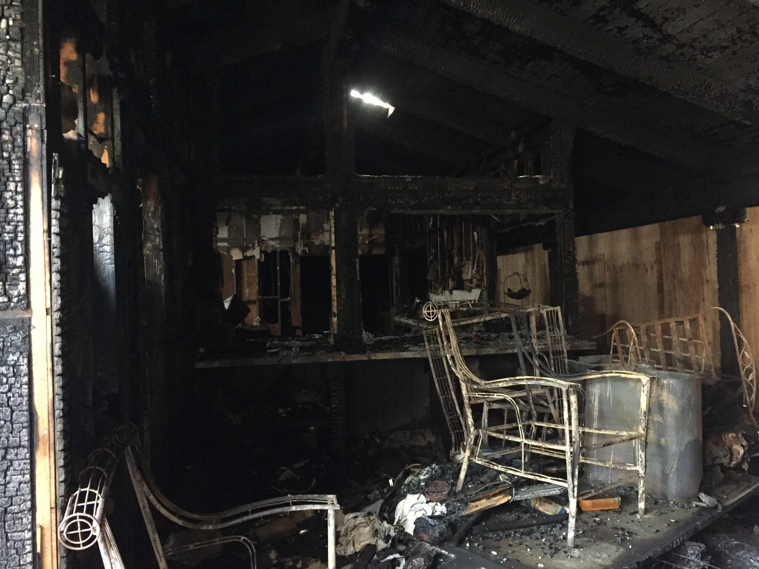 Interior of a house damaged by fire.