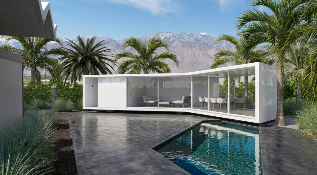 Exterior Rendering Pool House floating modern white structure.