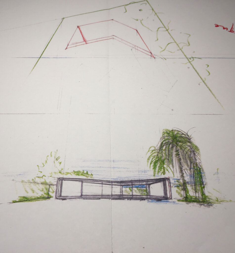 Photograph of preliminary sketch concept for the Monocoque Pool House in Palm Springs California.
