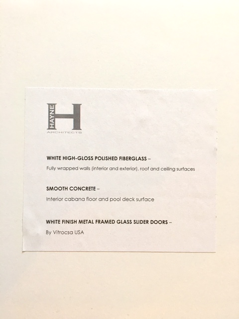 Photograph of Material Board back for the Monocoque Pool House.